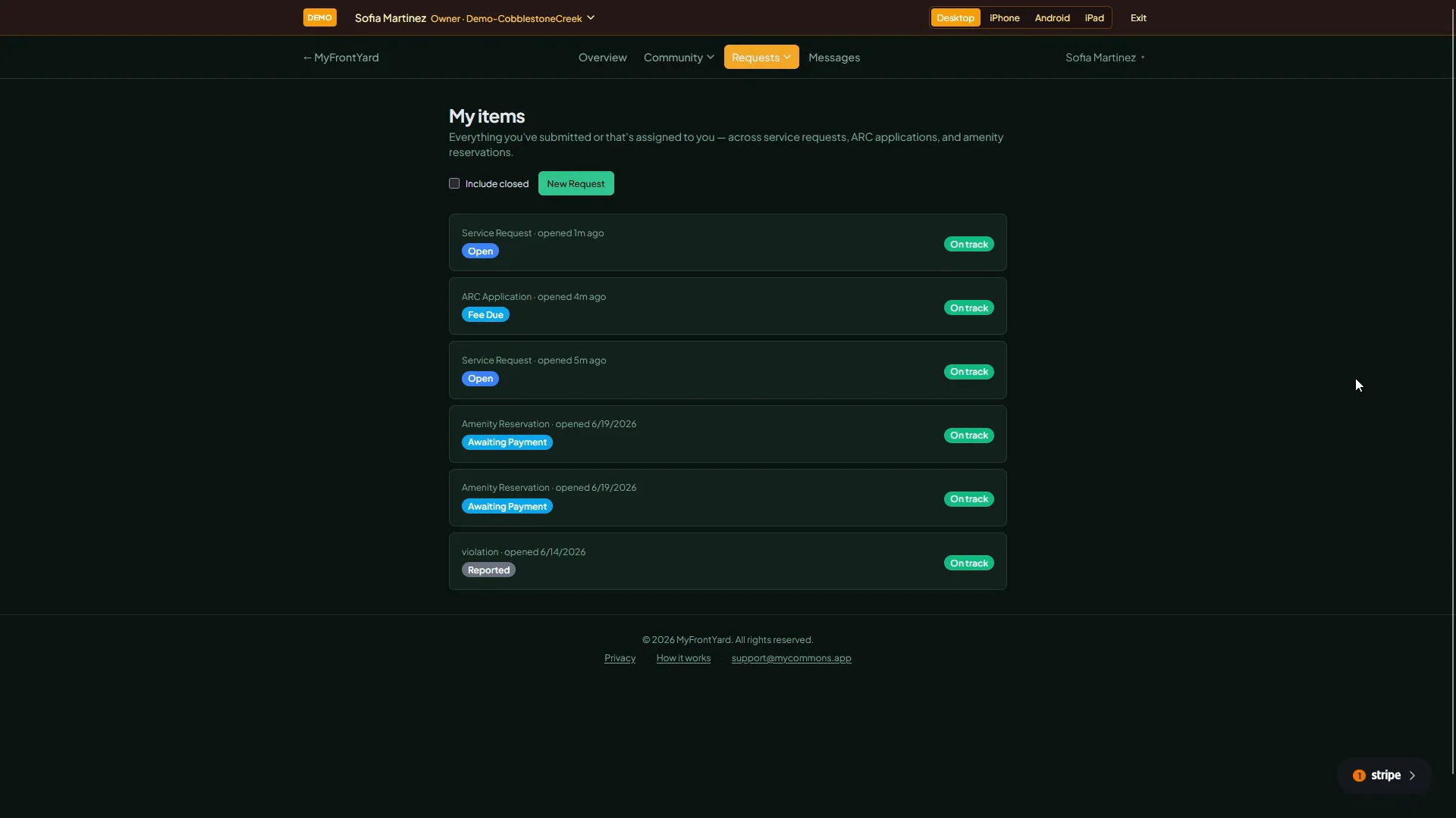 Community Members can request and submit deposits or payments on community amenities