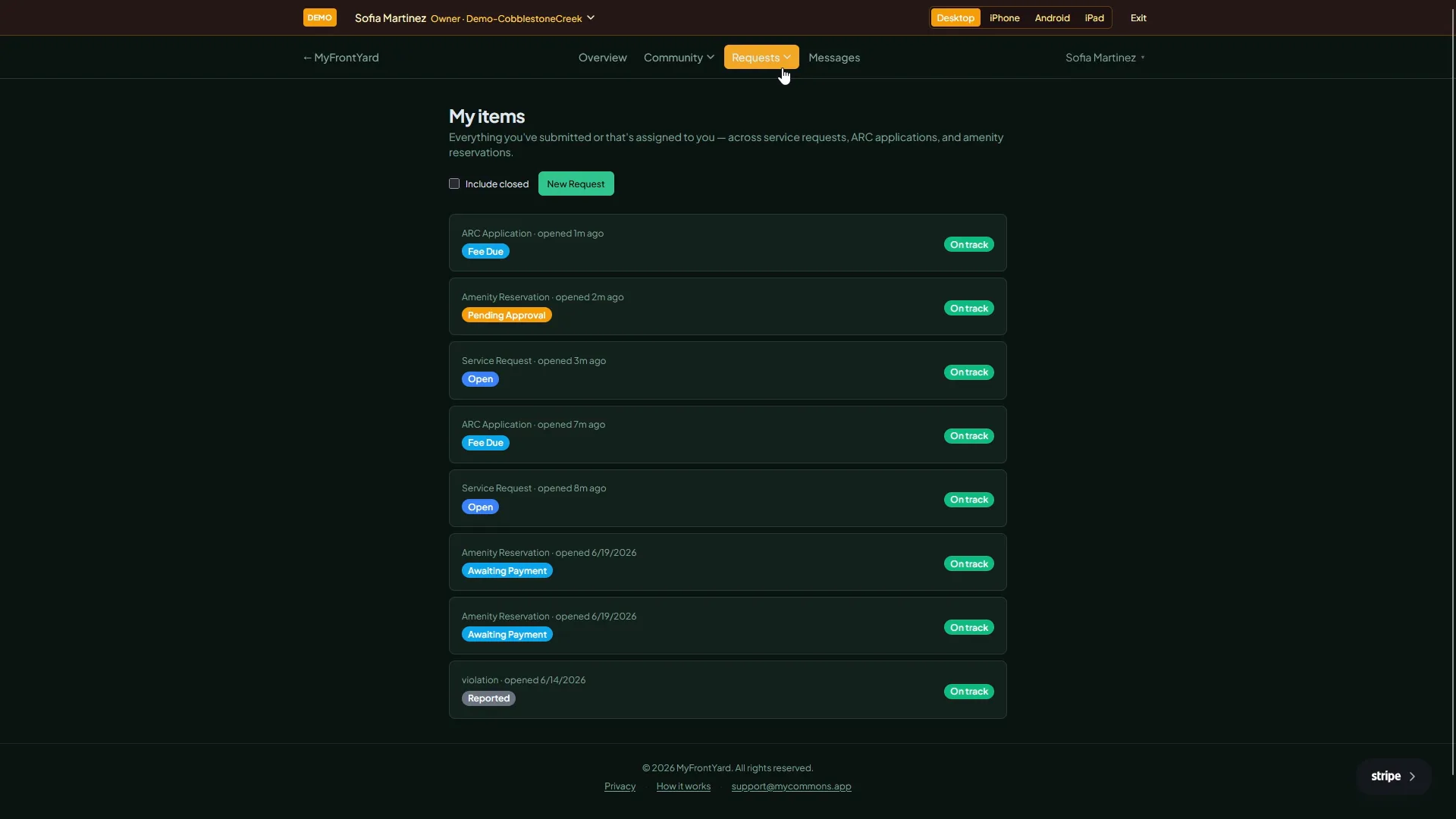Community Members can pay for services and review payment history